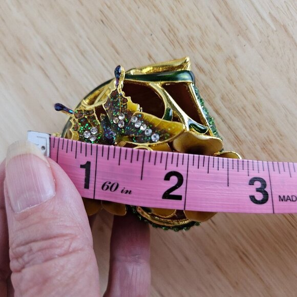 Enamel Heart Butterfly Flower Trinket Box With Rhinestones Hinged Lid Gold - Picture 6 of 8